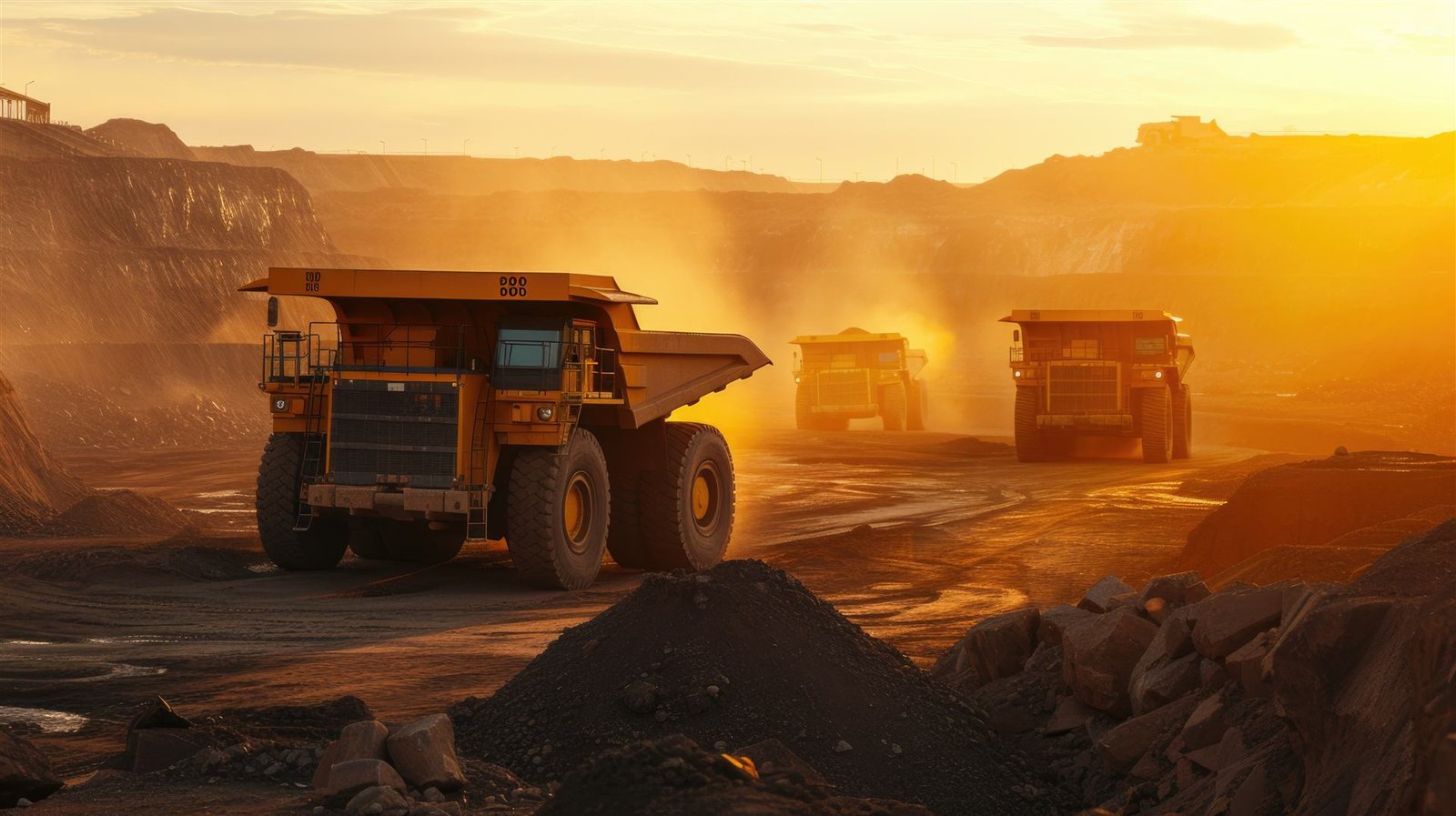 Camiones mineros operando al atardecer